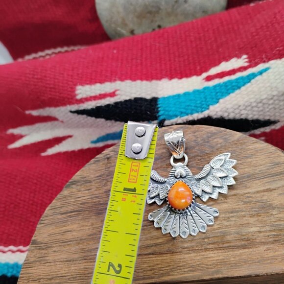 Southwest Soaring Eagle Pendant Orange Spiny Oyster Sterling Silver Unisex Large - Picture 3 of 7
